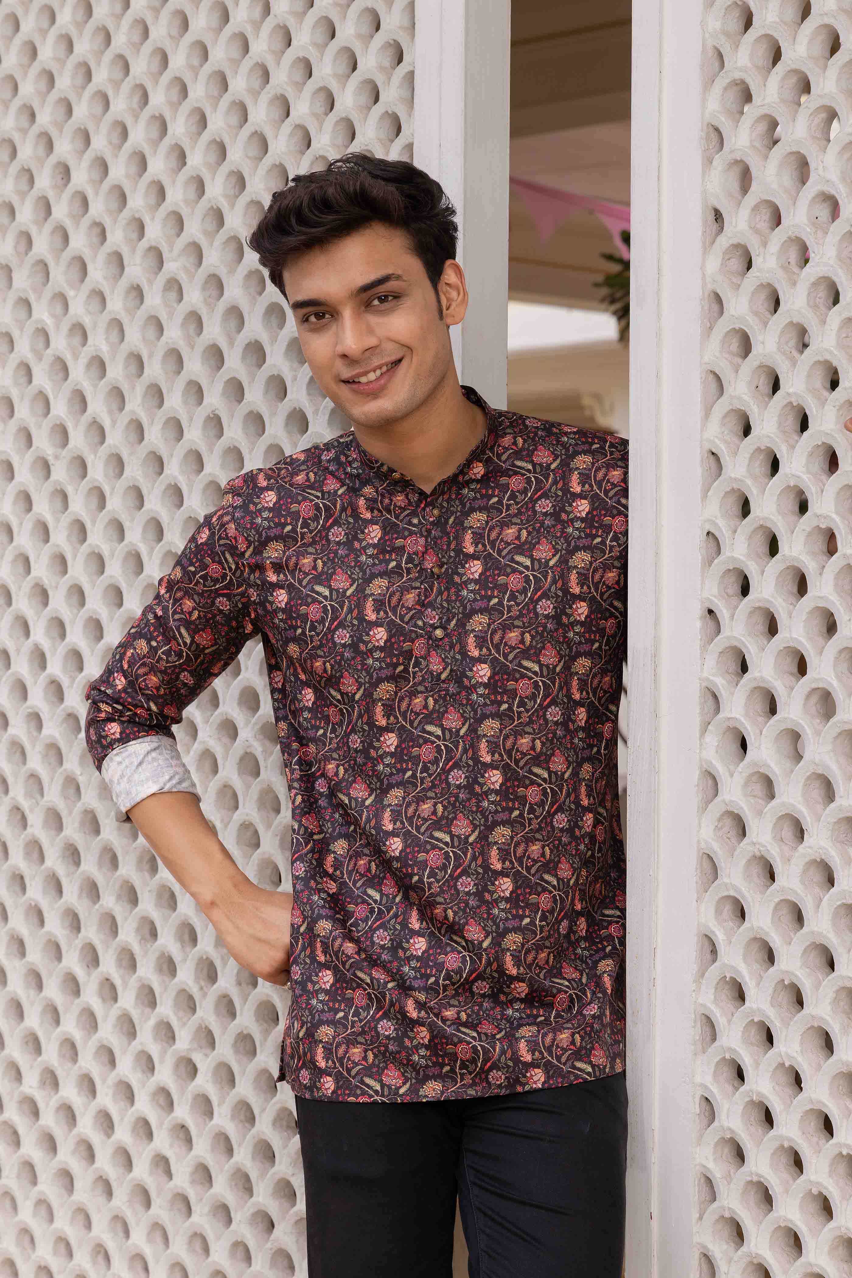 Black Floral Printed Shirt Kurta